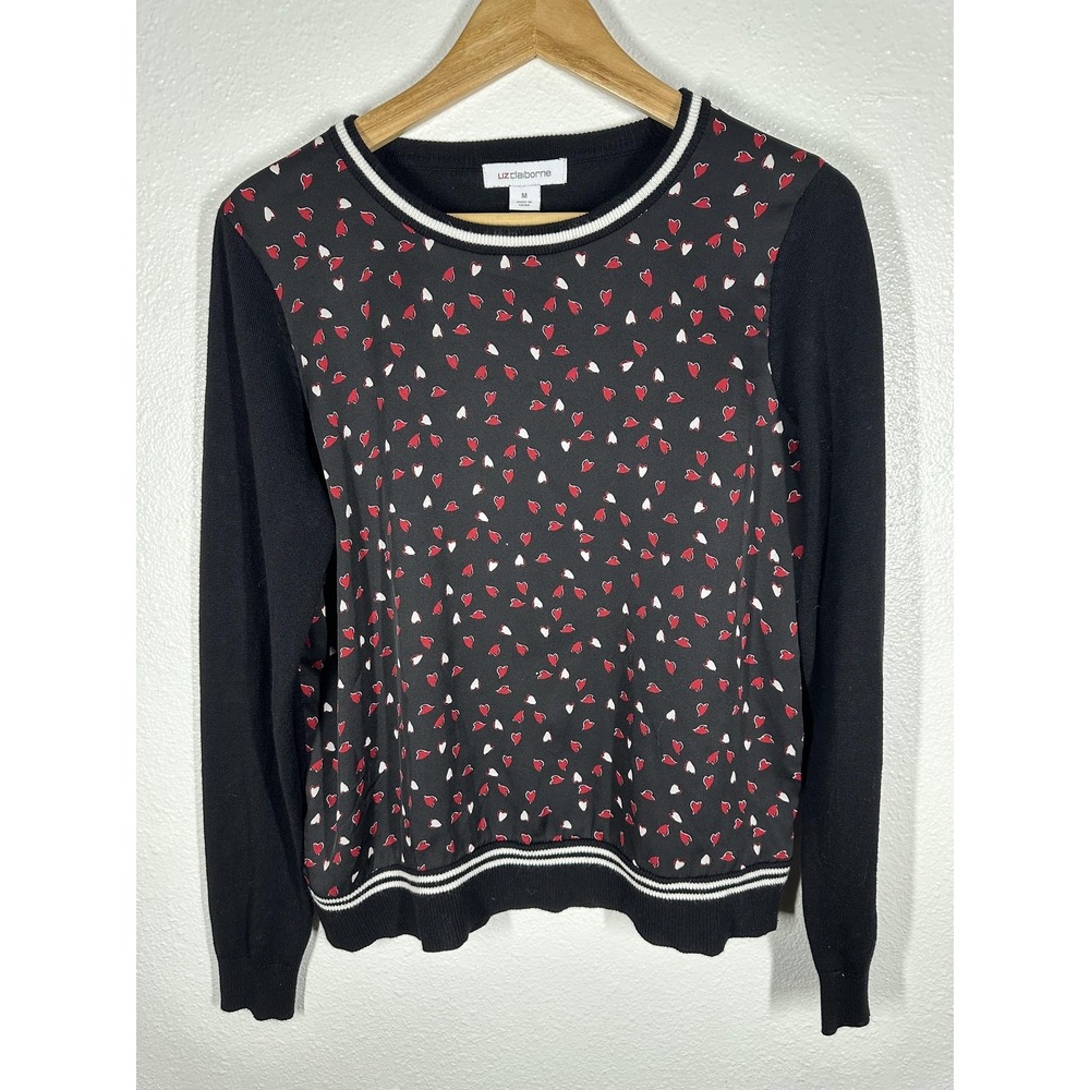 Liz Claiborne Sweater Womens Medium Black‎ Heart Print Crewneck Pullover Rayon